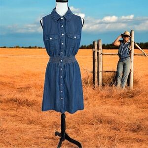 Blue denim Buttoned Polo Collar Midi Sundress